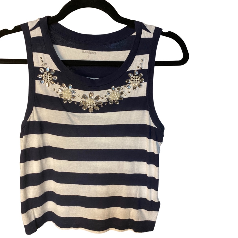 Express Navy White Striped Crop Tank Rhinestones
